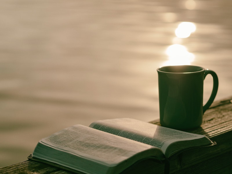 Image Description: Green coffee cup next to an open book on a ledge next to the sea with sunset on the water. Seeking: Editor, Green Agenda