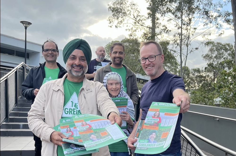 Sukhjinder Singh and Adam Bandt campaigning for the Greens election 2025